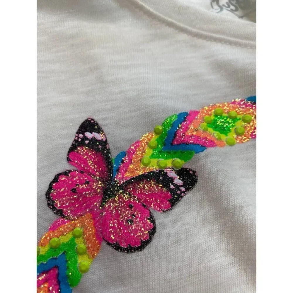 Justice Girls Top White Neon Dream Catcher Peace Butterfly Side Knot Sz‎ 18 NEW